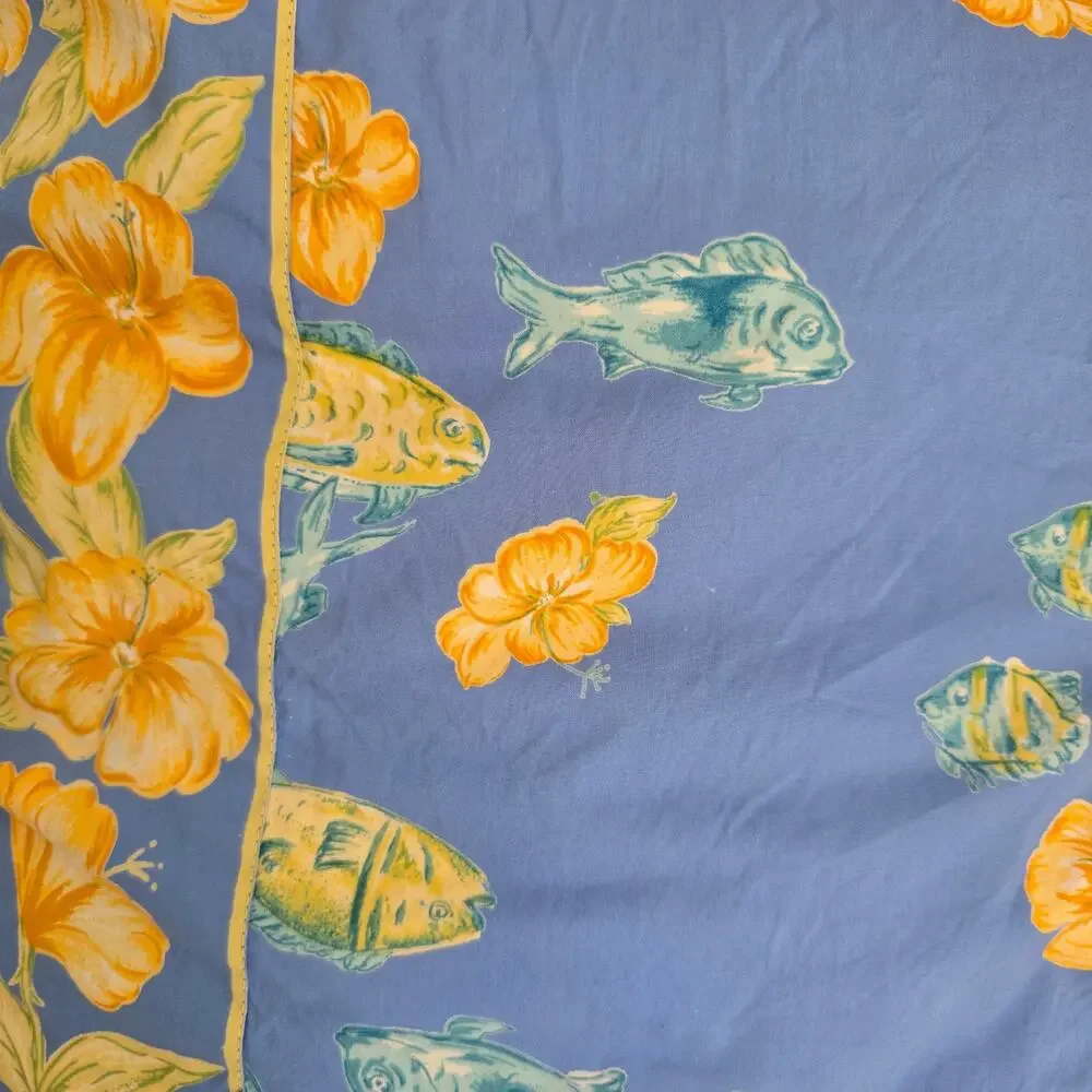 Vintage April Cornell Pillow Cover Insert Blue Yellow Fish Floral Cottagecore